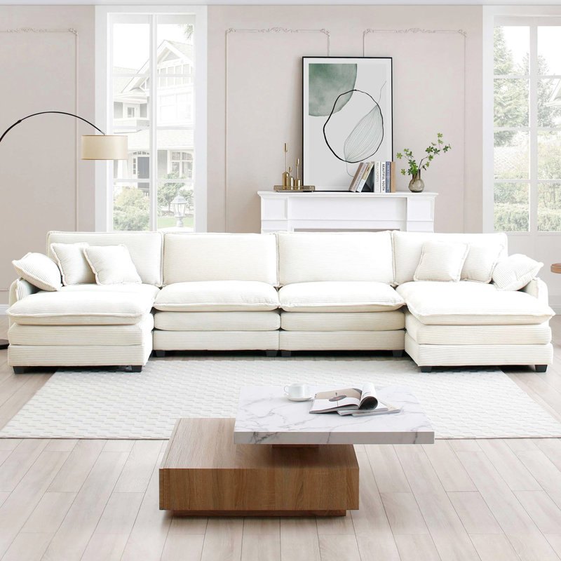 Velours côtelé rembourré - 4 places avec 2 repose-pieds, beige, tissu élégant de style repose-pieds moderne pour la maison, gris