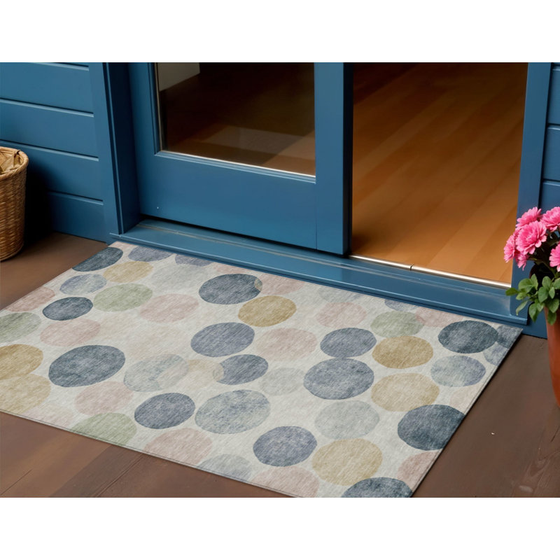 3' X 5' Beige Navy Blue And Gold Geometric Washable Indoor Outdoor Area Rug