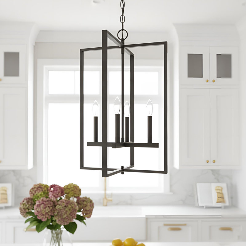 4 - Light Steel Dimmable Retro Industrial Chandelier, Matte Black