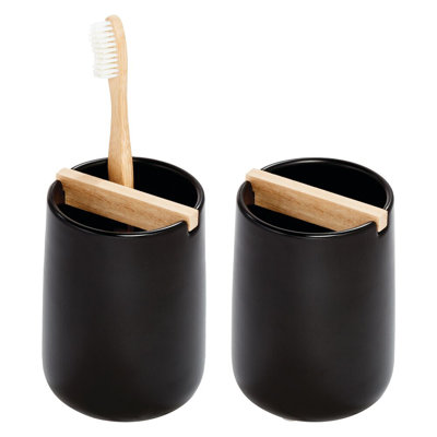iDesign Toothbrush Holder with Removable Wood Divider - Set of 2 - Matte Black