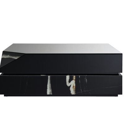 Black Mirrored Coffee Table With Rectangular Shape, 47x28x18, Synthetic Wood, Modern Marble Decoration Contemporary Table, Elegant