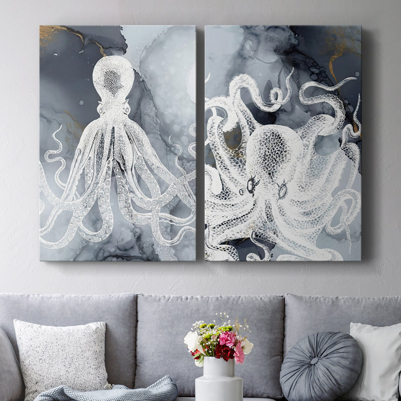 Encre Octopus I - Toile tendue avec châssis de qualité supérieure - Prêt à être accroché, H 36 po x l 24 po