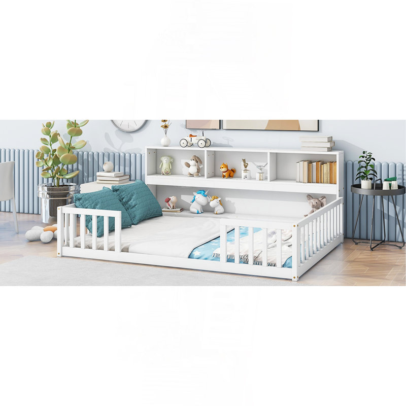 Full Floor Bed With Side Bookcase,Shelves,Guardrails,White, White