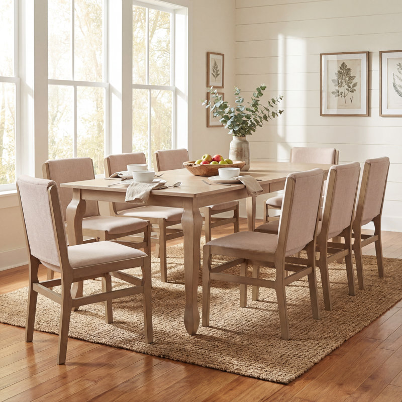 Alagie 9-Piece Expandable Rubberwood Dining Table Set With Upholstered Chairs