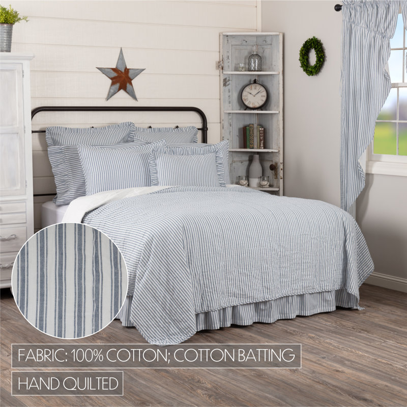 Emmit Sawyer Mill Ticking Stripe Quilt Coverlet, Luxury King, Demin Blue & Soft White