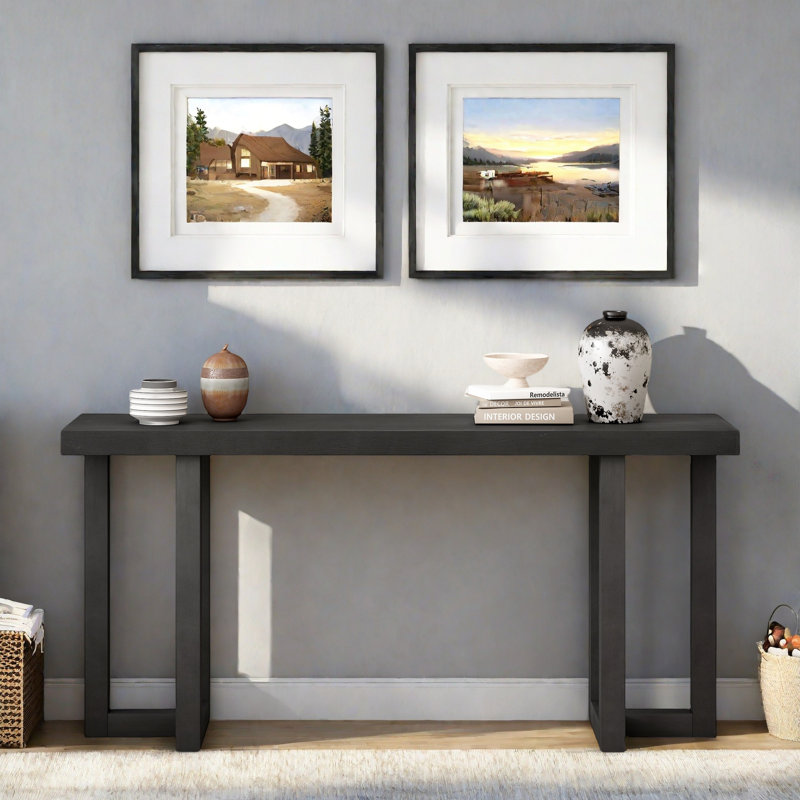 Modern Console Table With Geometric Design And Wood Legs, Black