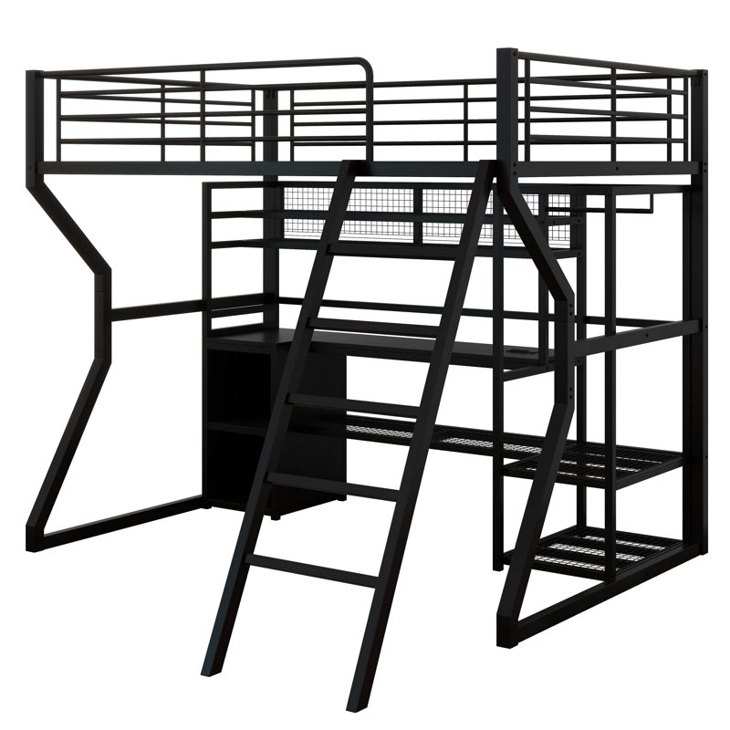 Lit mezzanine double en métal avec poste de travail intégré, garde-robe ouverte, DEL et rangement multiple