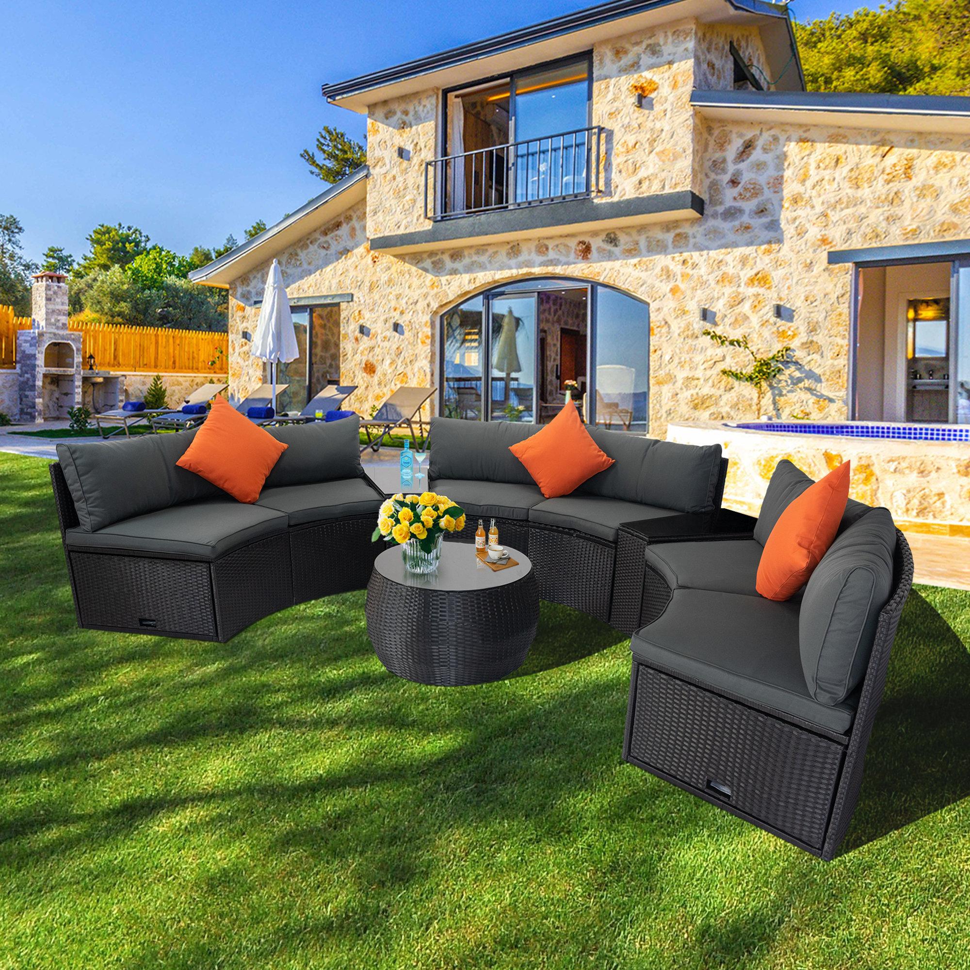 Latitude Run® Rasmus 6 Person Patio Rattan Sofa Curved Seating Group