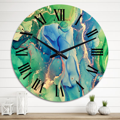 Bleu et vert, art liquide abstrait II - horloge murale moderne