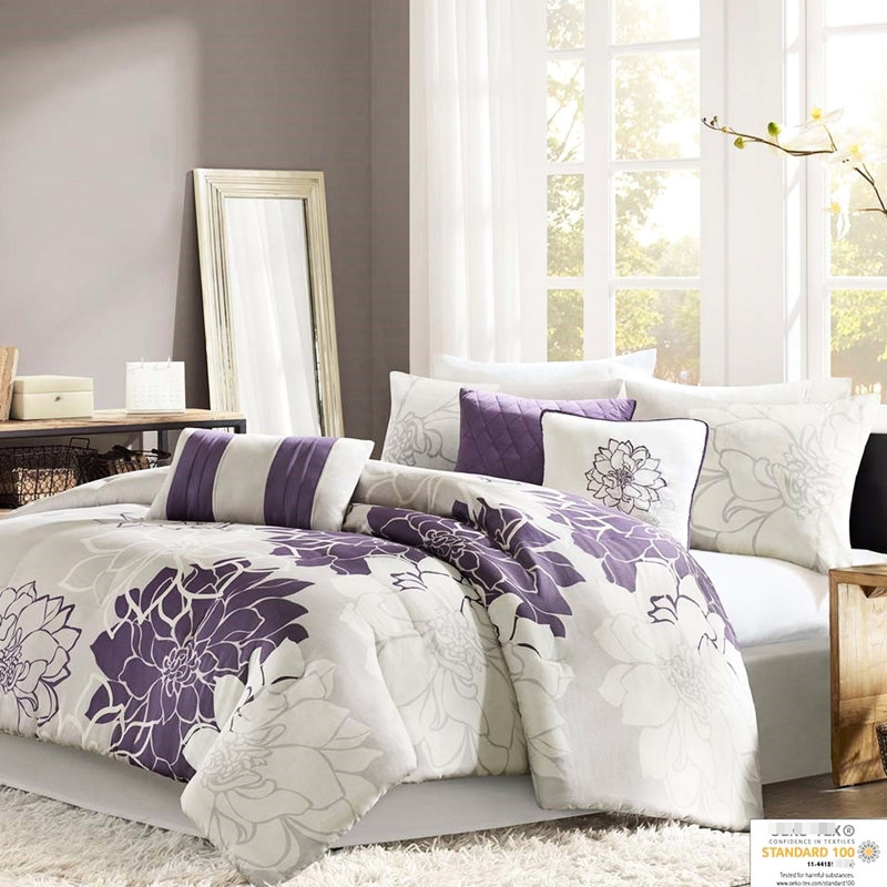 Édredon très grand en coton imprimé gris taupe / mauve avec jupe de lit, taies décoratives et 3 coussins décoratifs, Mauve