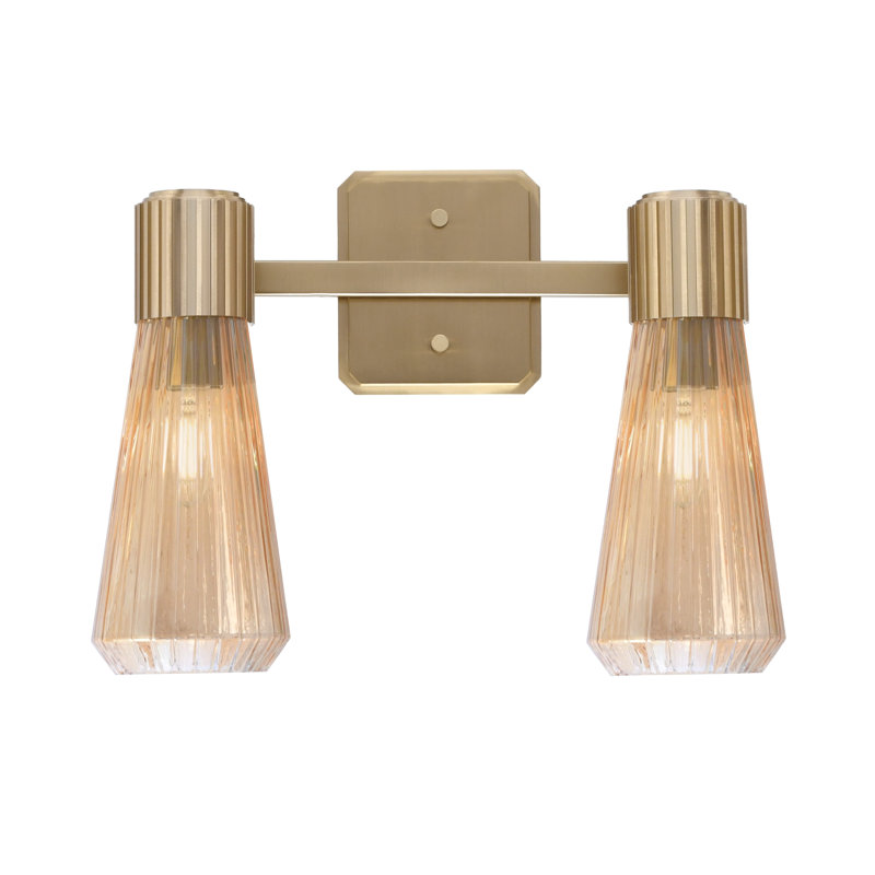 Barre d'éclairage de salle de bain 2 lumières Everleigh, fini laiton vieilli avec verre ambré 4 po, 15 po de largeur, Laiton