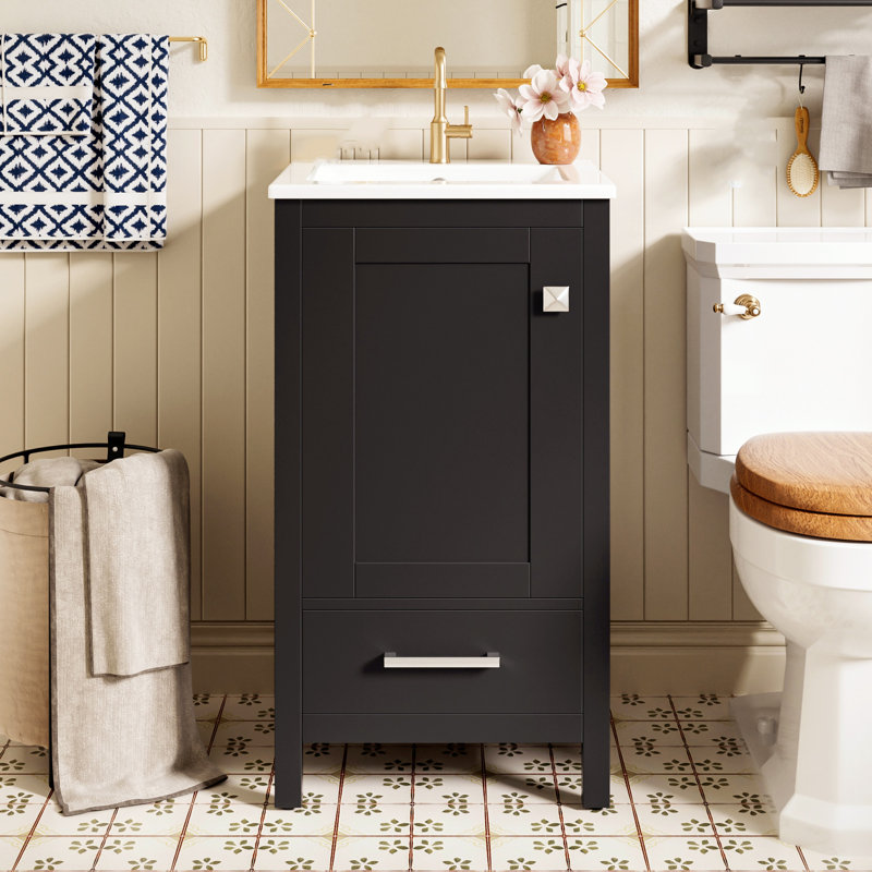 Meuble-lavabo moderne de 18 pouces avec lavabo en céramique, tiroirs compartimentés et pieds en plastique réglables, noir, 18
