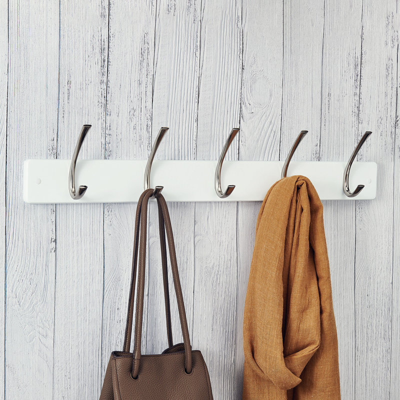 White Wall Mounted Coat Rack with 5 Metal Hooks