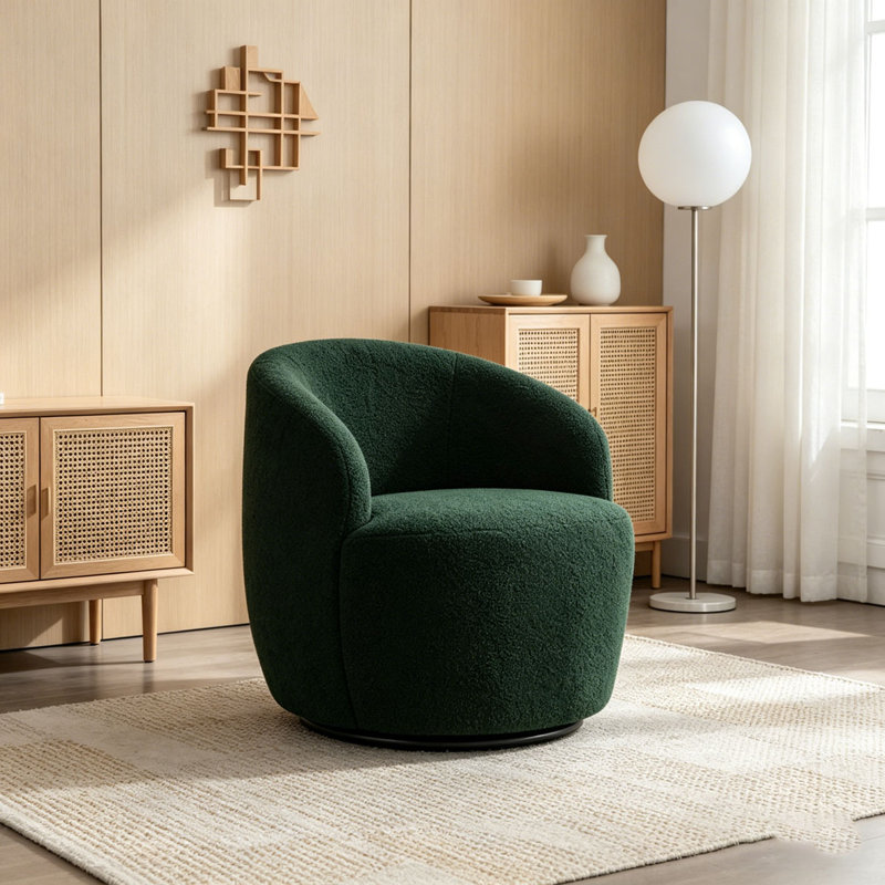 Swivel Accent Armchair Barrel Chair With Black Powder Coating Metal Ring, Dark Green Teddy