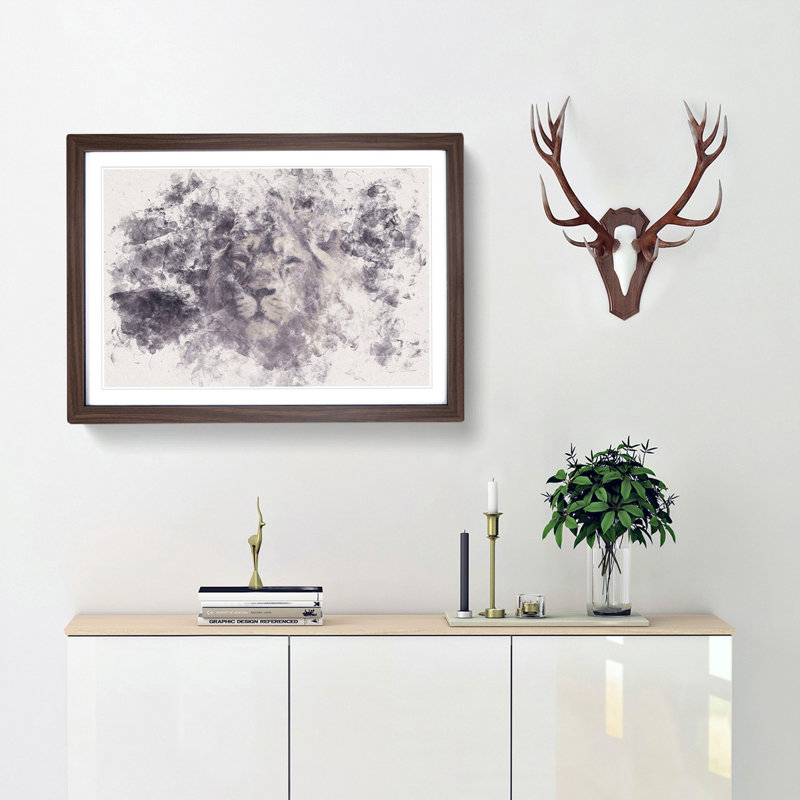 Lion in the Mist Watercolour - Picture Frame Graphic Art Print, 62cm H x 87cm W x 2cm D, Walnut Framed