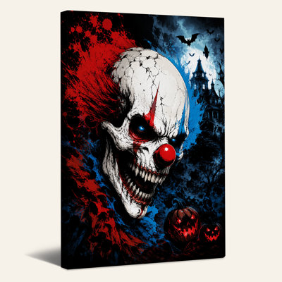 «Red and White Clown Skull Haunted House and Halloween», art mural sur toile