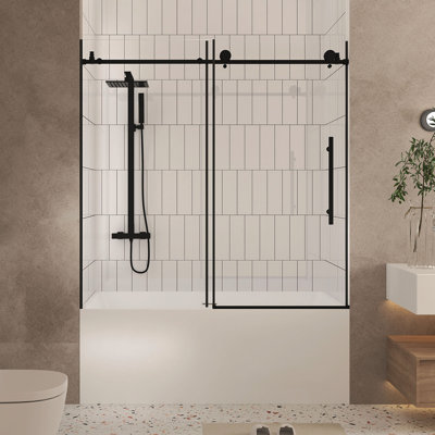 Porte de douche sans cadre l 56 à 60 po x H 60 po, verre trempé transparent de 1/4 po (6 mm), film antidéflagrant, poignée en acier inoxydable, noir mat