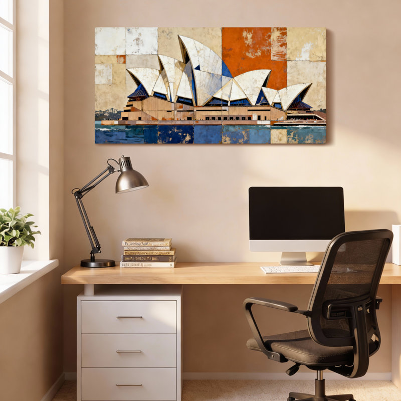 Ensemble de 1 tableau sur toile tendue représentant l'Opéra de Sydney (collage abstrait), H 24 po x l 48 po