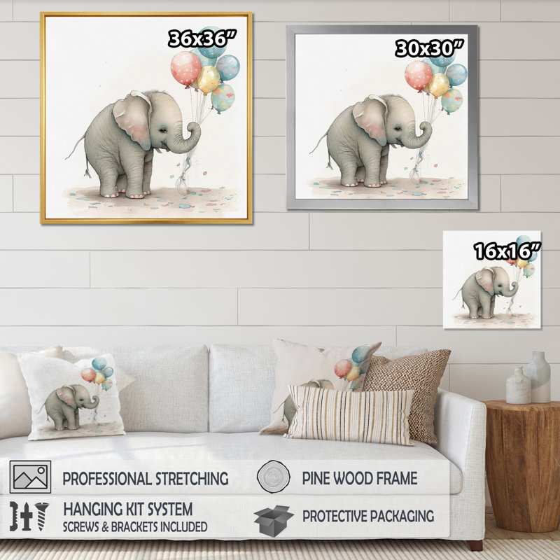 Nursery Adorable Elephant - reproduction sur toile, H 36 po x l 36 po x P 1,5 po, Cadre simple noir