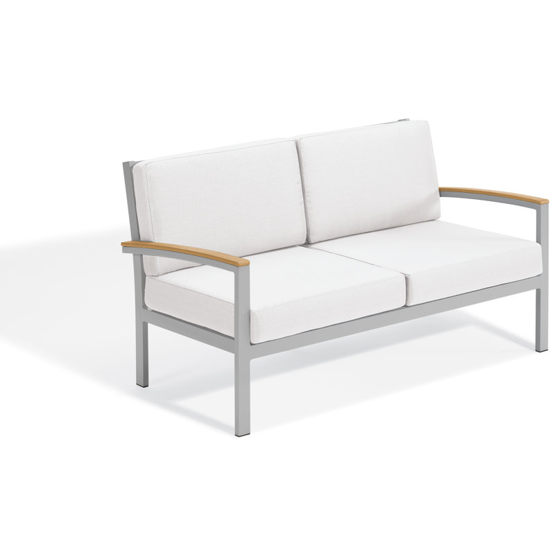 Travira 62.5" Wide Outdoor Loveseat with Cushion, Midnight Blue, Flint/Natural Tekwood