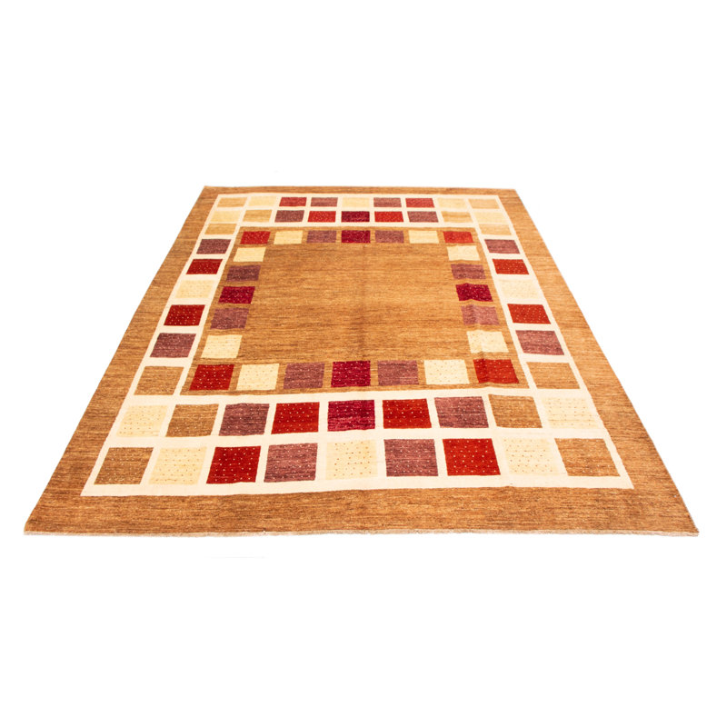 Tapis unique en laine noué à la main 9 pi 1 po x 12 pi 6 po nouvel âge Leriah brun clair / beige / rouge