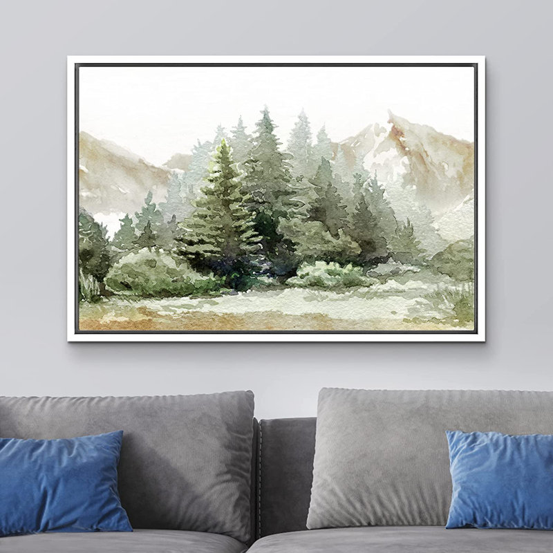 White Framed Watercolor Mountain and Pine Landscape Canvas Print