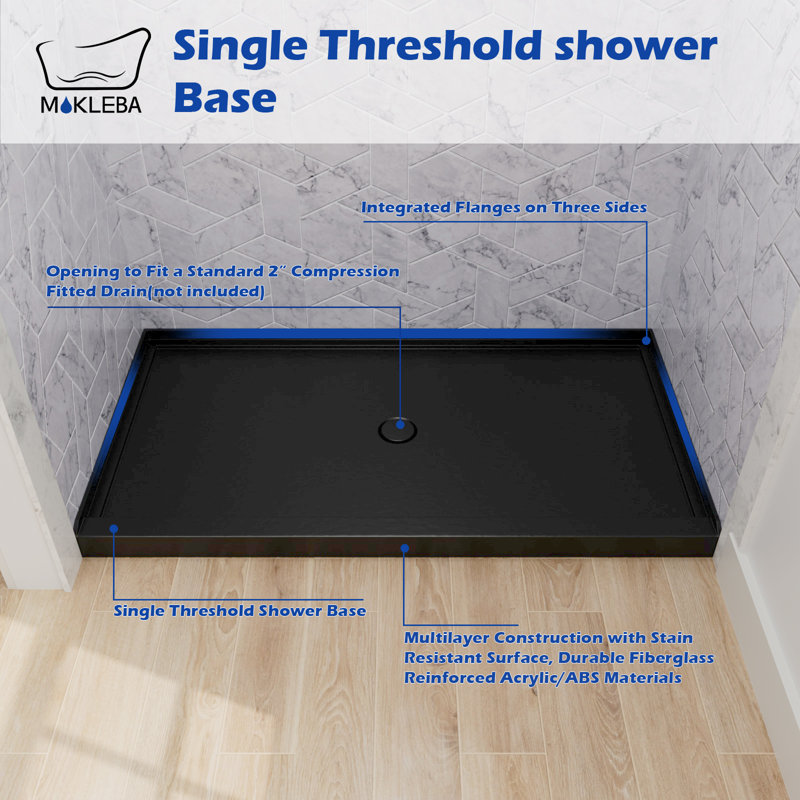 36x60 Inch White Rectangle Acrylic Shower Pan with Drain Center Durable Easy Install Base for Home Renovation