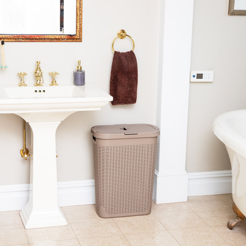  50L Slim Laundry Hamper, Clothes Basket, Lid, Plastic, Tan, 23.5" H x 10.4" W x 10.4" D
