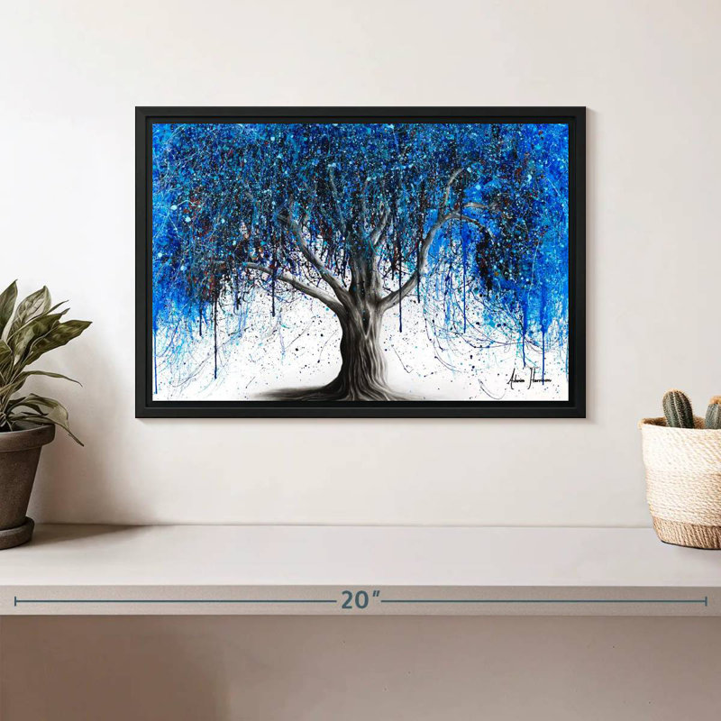 Arbre bleu au clair de lune, Cadre flottant noir, 13 po x 9 po
