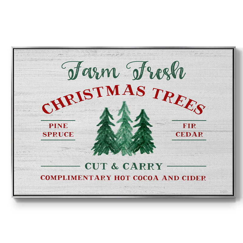 «Farm Fresh Christmas Trees», peinture sur toile encadrée, H 17 po x l 25 po x P 2 po, Encadrement argenté