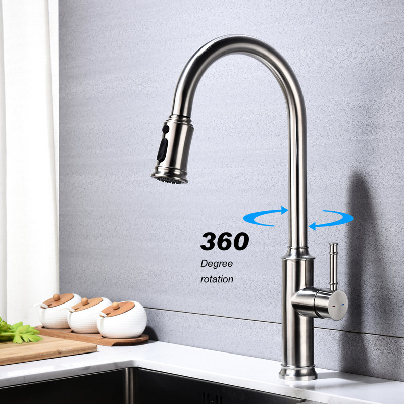 Robinet de cuisine rétractable, plaqué nickel brossé, fabrication en acier inoxydable, buse rotative à 360 ° pour le contrôle de l'eau, la corrosion et le traitement de la résistance à la rouille, qualité du débit à poignée simple