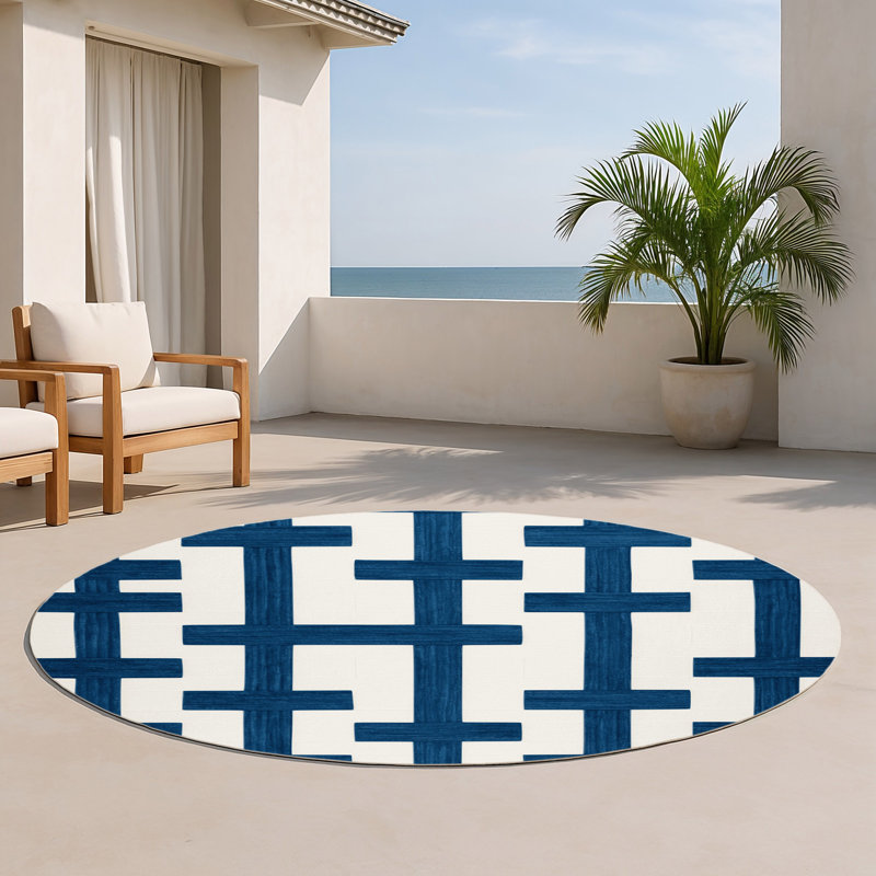 Tapis intérieur / extérieur blanc à carreaux, Rond 5 pi