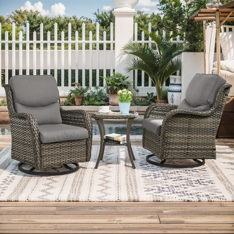 Chaises berçantes pivotantes d'extérieur en rotin avec coussins et table d'appoint Koba, Gris, Gris