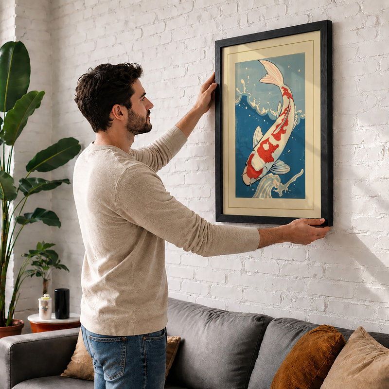 Leaping Koi Japandi - Framed Print, A2 - 59.4 x 42.0 cm, Oak