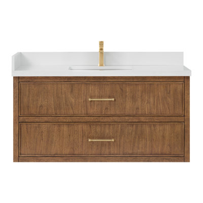 Meuble-lavabo mural simple Isola WM 48 po, fini noyer grillé, comptoir en quartz blanc, lavabo carré encastré (1 trou), garniture en bronze satiné