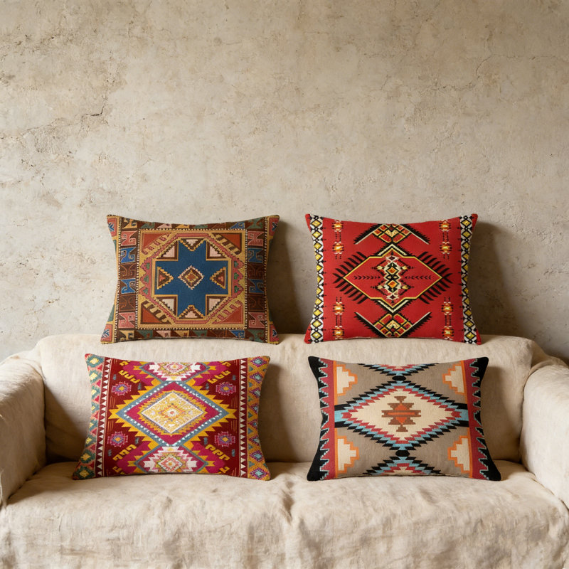 4PCS Set Bohemian Moroccan Style Decorative Pillow Covers Thickened 18x18 Inch (45x45cm) Machine Washable Cushion Cases, B4