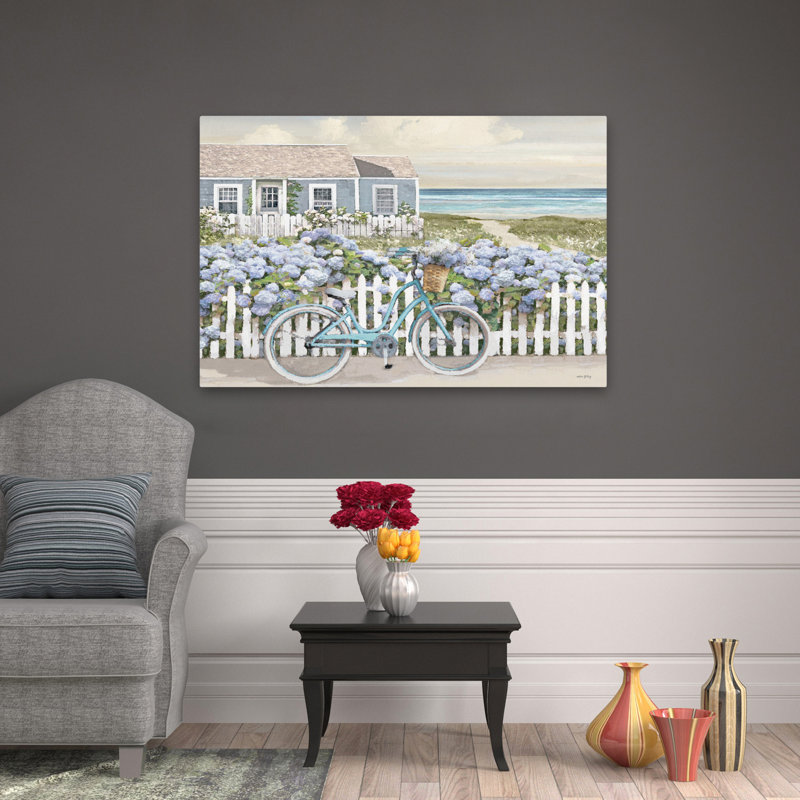 Beach Beach - Coastal Coastal Cottage Hydrangeas Picket Fence Art, H 48 po x l 32 po