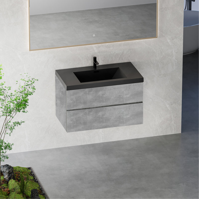 Meuble-lavabo flottant 36 po avec lavabo, meuble-lavabo mural avec lavabo à quartz noir et tiroirs à fermeture en douceur entièrement assemblés