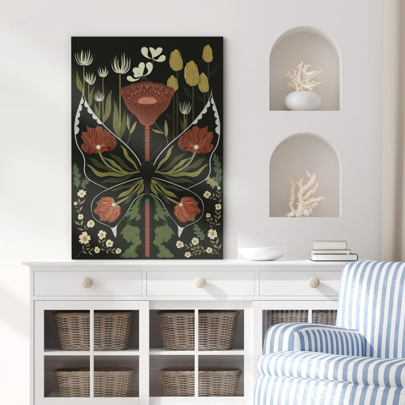 Abstrait botanique rétro, illustrations florales de papillons botaniques sur, Toile tendue, H 18 po x l 12 po