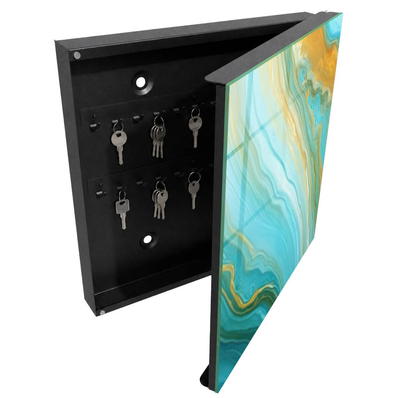 Key cabinet, Opens to the right, 30x30x5, White, Turquoise waves with yellow accents, 