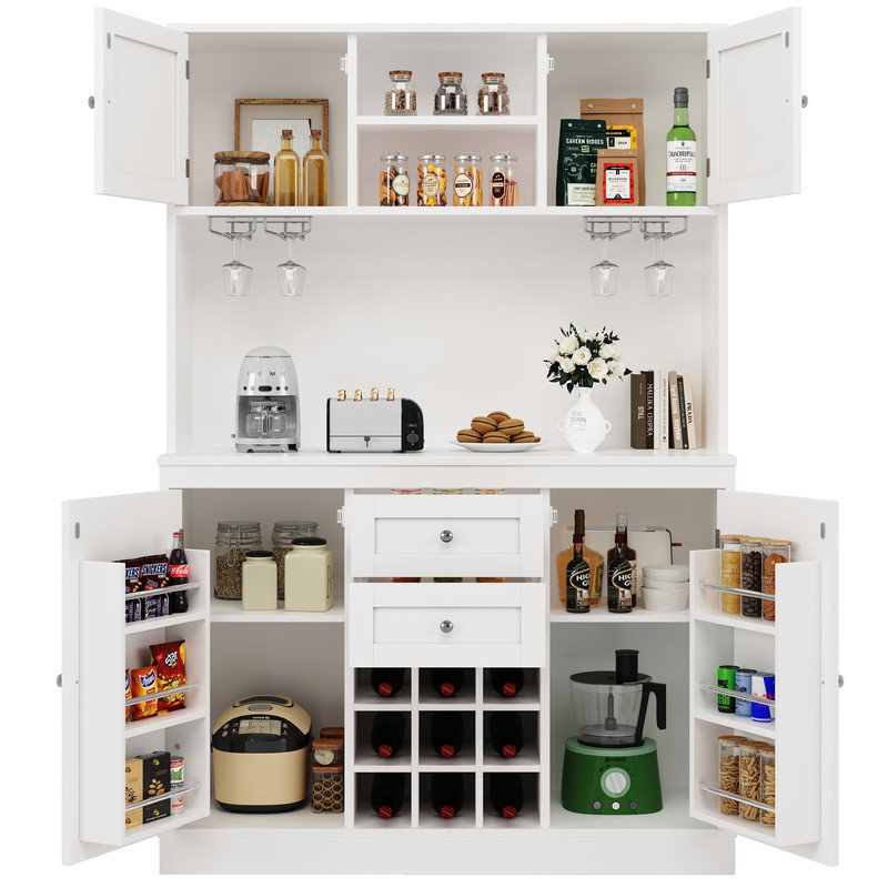 White/Black Tall Kitchen Cabinet with 4 Doors & 2 Drawers, Adjustable Shelves & Wine Rack, Sideboard for Kitchen/Living Room Storage