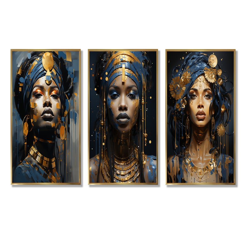 «Blue and Gold African Woman Goddess I», ensemble de 3 reproductions d'art sur toile, Cadre flottant doré, H 40 po x l 60 po