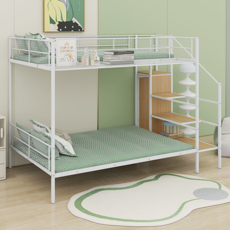Lit superposé avec étagère grillagée, échelle de rangement latérale et garde-robe, Blanc/naturel