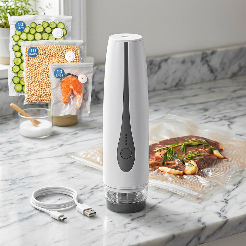 Machine à emballer sous vide portable, rechargeable avec 30 sacs réutilisables (10 L/10 M/10 S), sans fil et facile à nettoyer, blanche.