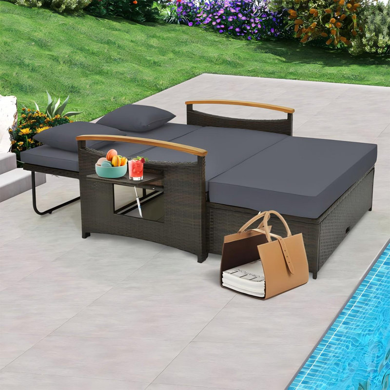 Patio Rattan Daybed Set w/ Cushioned Loveseat & Storage Ottoman, Gray