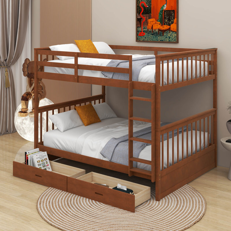 Full-Over-Full Bunk Bed With Ladders And Drawers, Walnut
