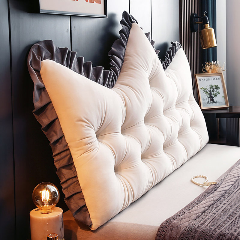 Crown-Shaped Tufted Headboard Pillow, 150 cm W x 10 cm D, 60 cm, Pearl White/Dark Grey