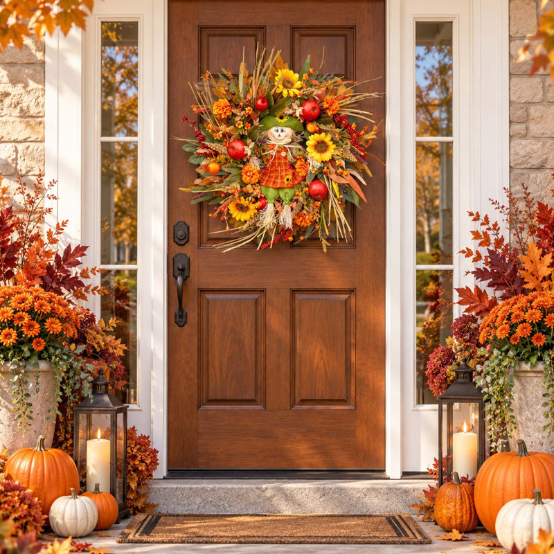 Couronne d'épouvantail d'automne de 61 cm (24 po) avec tournesols et décorations automnales