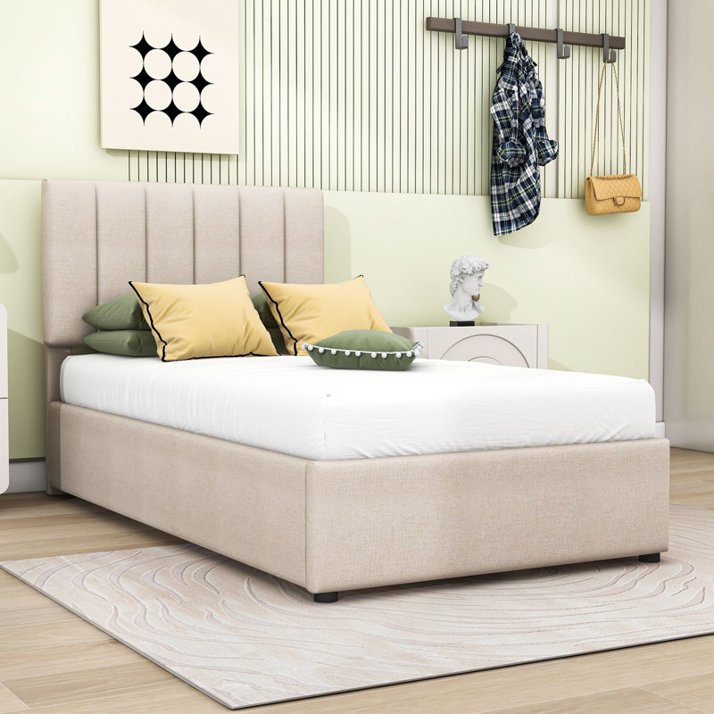 Lit plateforme simple tapissier avec système de rangement hydraulique, Beige