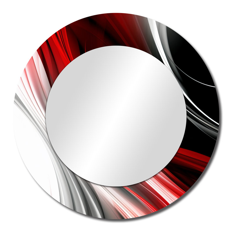 Sikai rouge noir infini ondulations I - miroir unique de vagues, grand miroir mural rond moderne, art imprimé en métal